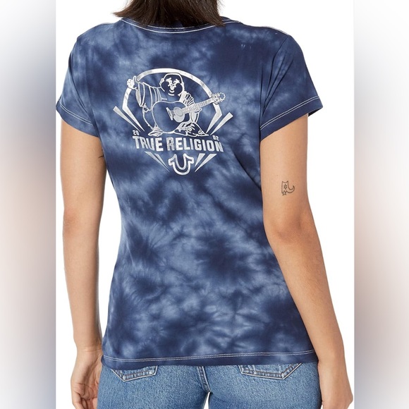 NWT -True Religion Women’s Buddha Foil Back Big V Neck Short Sleeve Tee - Size L - Picture 3 of 9